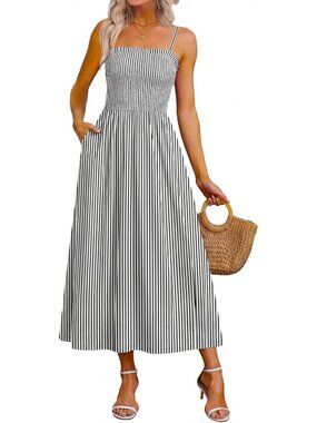 Women's Black Striped Spaghetti Strap Smocked Casual Boho Beach Long Maxi Dress